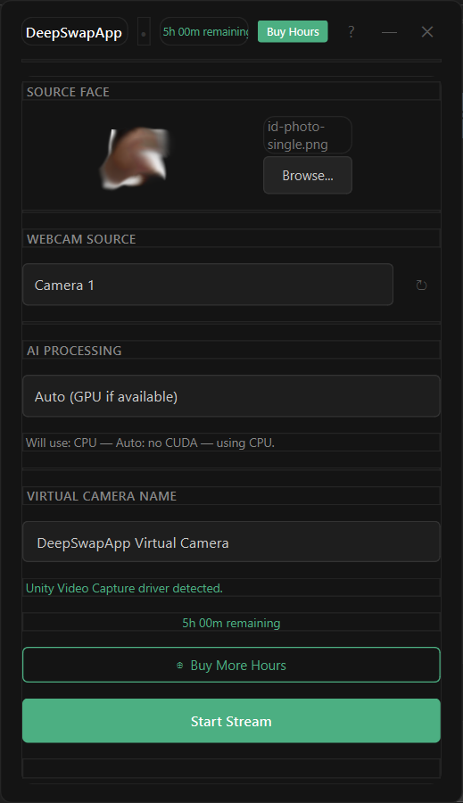 DeepSwapApp setup screen
